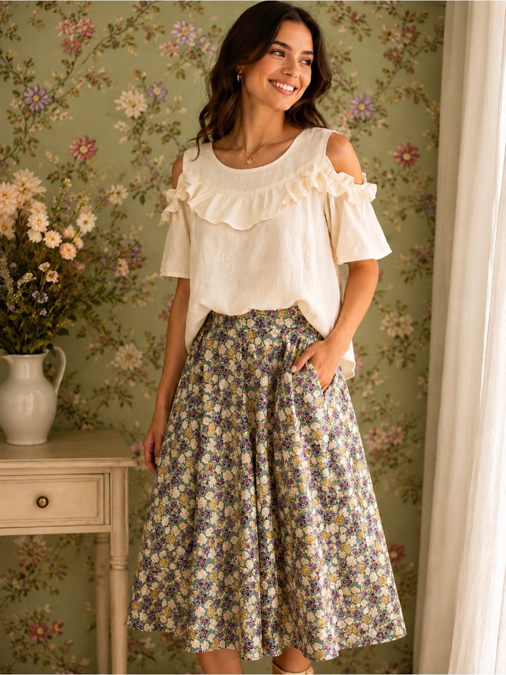 NWT Tulip B Floral A-Line Midi Skirt in Multi-Color Lined Pockets 100% Cotton